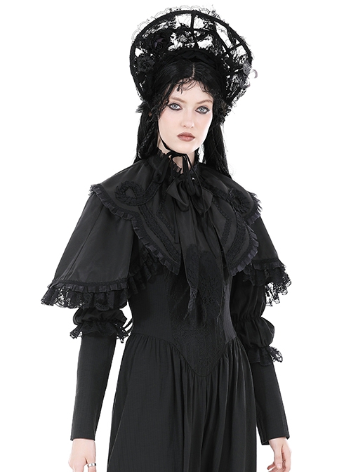 Low Key Black Woven Material Bow Decoration On The Neckline And Exquisite Lace Gothic Style Palace Cloak