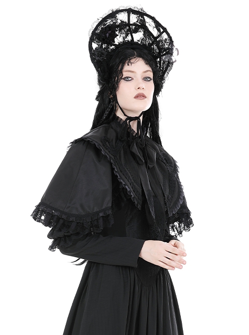 Low Key Black Woven Material Bow Decoration On The Neckline And Exquisite Lace Gothic Style Palace Cloak
