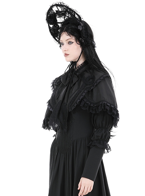 Low Key Black Woven Material Bow Decoration On The Neckline And Exquisite Lace Gothic Style Palace Cloak