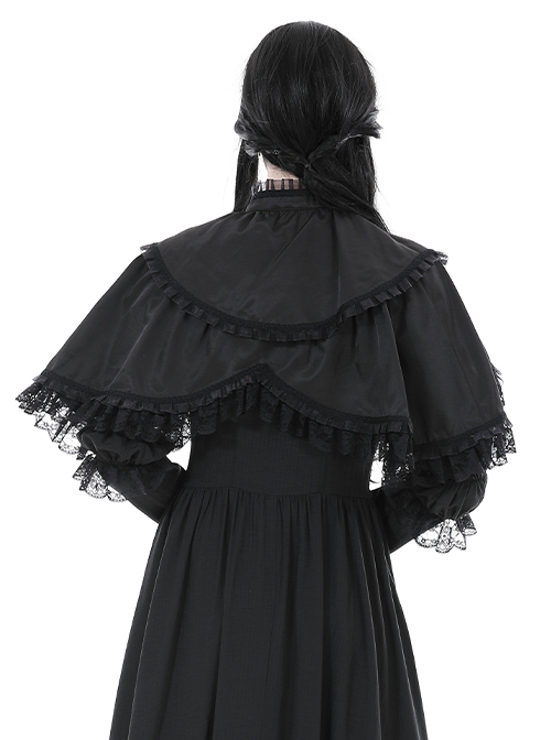 Low Key Black Woven Material Bow Decoration On The Neckline And Exquisite Lace Gothic Style Palace Cloak