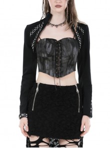 Black Simple Woven With Metal Dots On Both Sides Of The Chest Punk Style Long Sleeved Cape