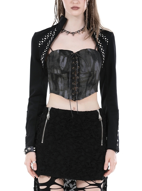 Black Simple Woven With Metal Dots On Both Sides Of The Chest Punk Style Long Sleeved Cape
