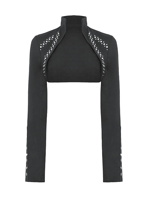 Black Simple Woven With Metal Dots On Both Sides Of The Chest Punk Style Long Sleeved Cape