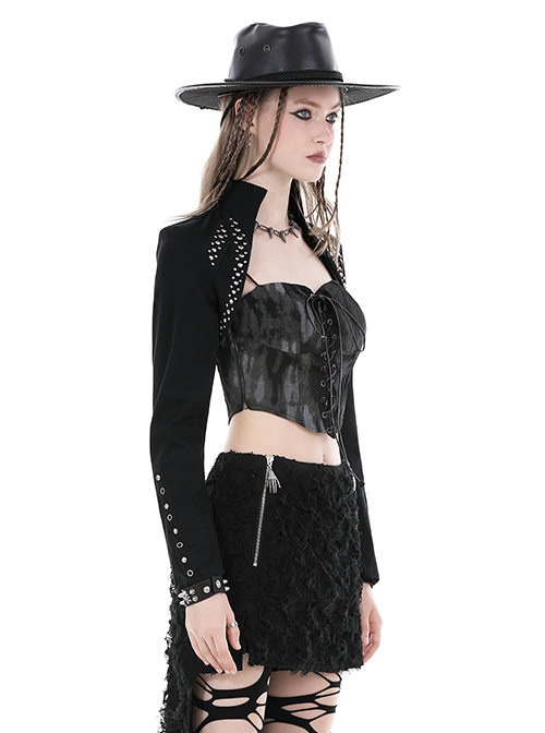 Black Simple Woven With Metal Dots On Both Sides Of The Chest Punk Style Long Sleeved Cape