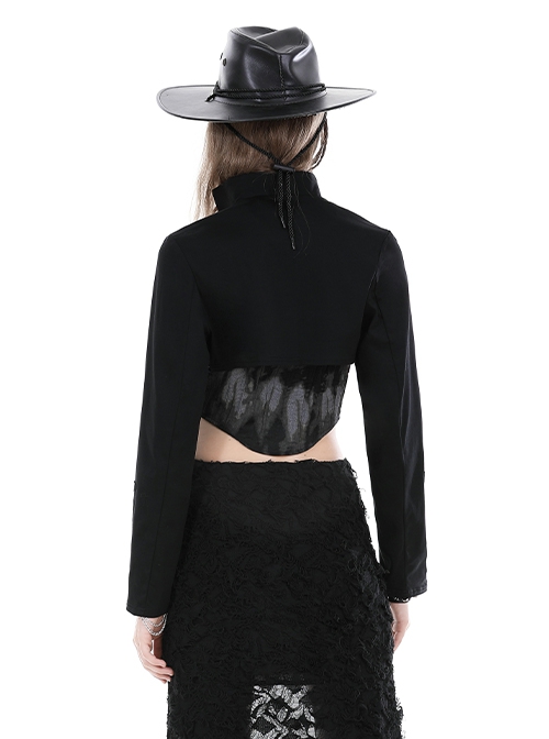 Black Simple Woven With Metal Dots On Both Sides Of The Chest Punk Style Long Sleeved Cape