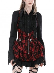 Personalized Red Plaid Woven Cascading Frills With Adjustable String Punk Style Halter Neck Dress