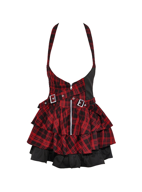 Personalized Red Plaid Woven Cascading Frills With Adjustable String Punk Style Halter Neck Dress