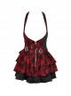 Personalized Red Plaid Woven Cascading Frills With Adjustable String Punk Style Halter Neck Dress