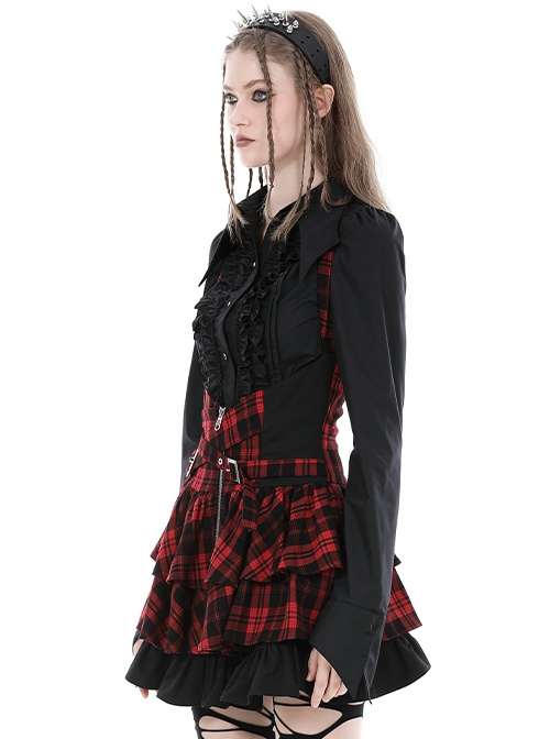 Personalized Red Plaid Woven Cascading Frills With Adjustable String Punk Style Halter Neck Dress