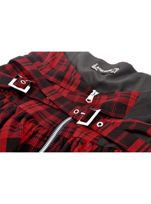 Personalized Red Plaid Woven Cascading Frills With Adjustable String Punk Style Halter Neck Dress