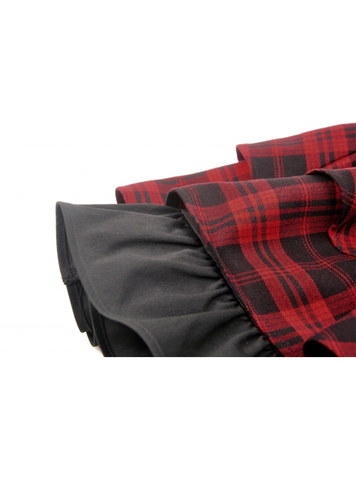 Personalized Red Plaid Woven Cascading Frills With Adjustable String Punk Style Halter Neck Dress