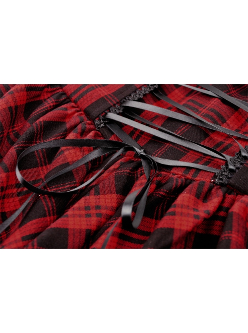 Personalized Red Plaid Woven Cascading Frills With Adjustable String Punk Style Halter Neck Dress