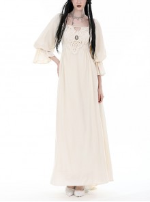 Yellow Sexy Loose Woven Fabric Back Adjustable Cross Tie Punk Style Floor Length Long Sleeved Dress