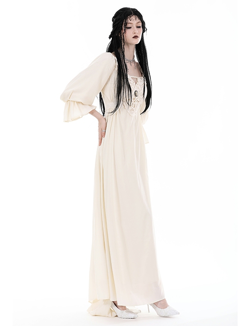 Yellow Sexy Loose Woven Fabric Back Adjustable Cross Tie Punk Style Floor Length Long Sleeved Dress