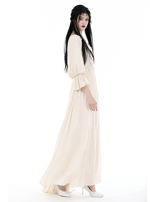 Yellow Sexy Loose Woven Fabric Back Adjustable Cross Tie Punk Style Floor Length Long Sleeved Dress
