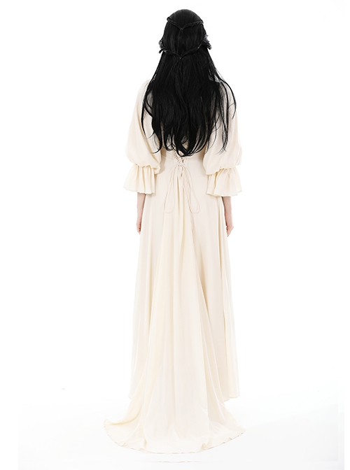 Yellow Sexy Loose Woven Fabric Back Adjustable Cross Tie Punk Style Floor Length Long Sleeved Dress