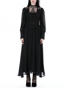 Black Tencel Woven High Neck Lace Trim On The Chest Gothic Style Cutout Dress