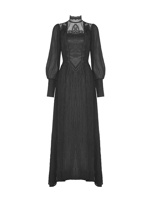 Black Tencel Woven High Neck Lace Trim On The Chest Gothic Style Cutout Dress