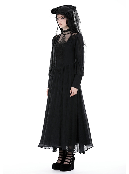 Black Tencel Woven High Neck Lace Trim On The Chest Gothic Style Cutout Dress