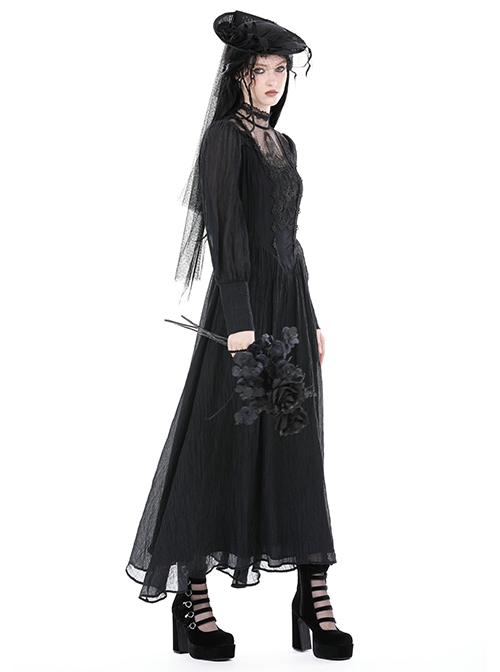 Black Tencel Woven High Neck Lace Trim On The Chest Gothic Style Cutout Dress
