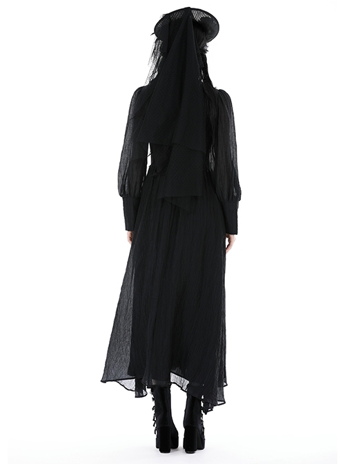 Black Tencel Woven High Neck Lace Trim On The Chest Gothic Style Cutout Dress