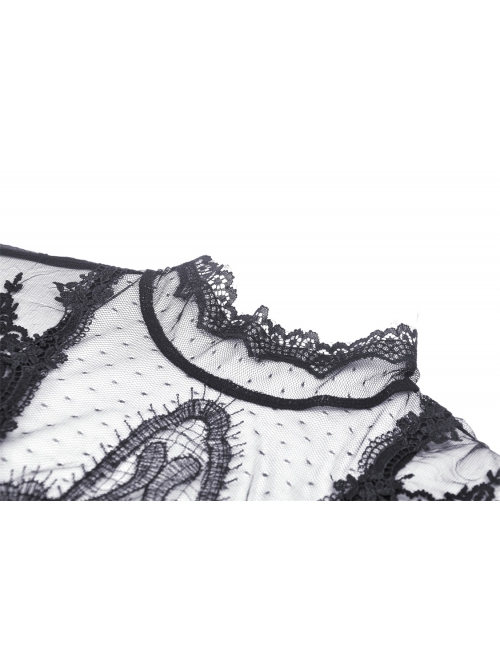 Black Tencel Woven High Neck Lace Trim On The Chest Gothic Style Cutout Dress