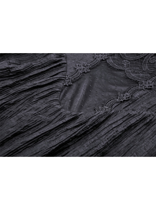 Black Tencel Woven High Neck Lace Trim On The Chest Gothic Style Cutout Dress