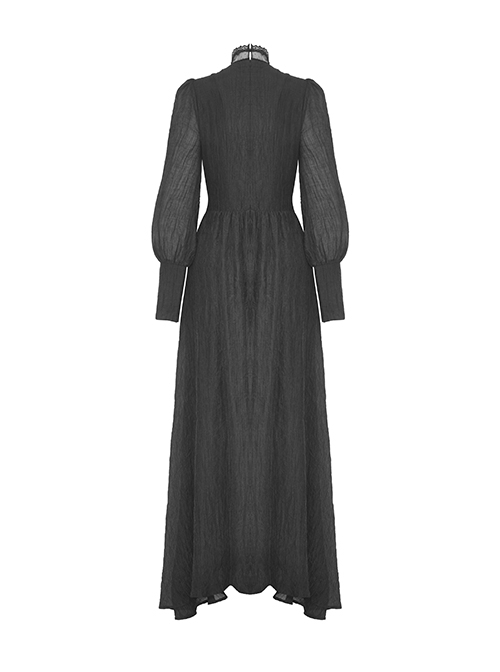 Black Tencel Woven High Neck Lace Trim On The Chest Gothic Style Cutout Dress