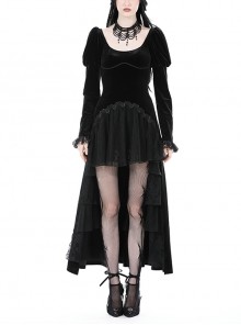 Black Velvet High Low Lace Hem With Ruffled Round Neck Gothic Style Long Sleeved Dress