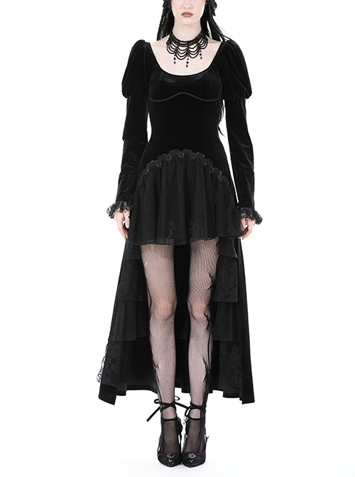 Black Velvet High Low Lace Hem With Ruffled Round Neck Gothic Style Long Sleeved Dress