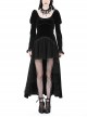 Black Velvet High Low Lace Hem With Ruffled Round Neck Gothic Style Long Sleeved Dress