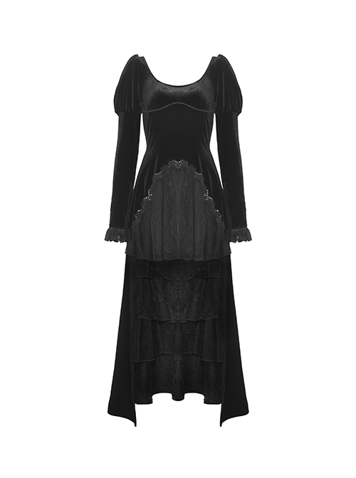 Black Velvet High Low Lace Hem With Ruffled Round Neck Gothic Style Long Sleeved Dress
