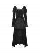 Black Velvet High Low Lace Hem With Ruffled Round Neck Gothic Style Long Sleeved Dress