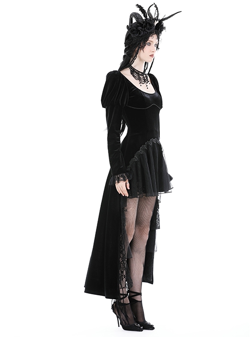 Black Velvet High Low Lace Hem With Ruffled Round Neck Gothic Style Long Sleeved Dress