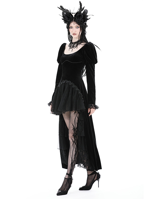 Black Velvet High Low Lace Hem With Ruffled Round Neck Gothic Style Long  Sleeved Dress - Magic Wardrobes