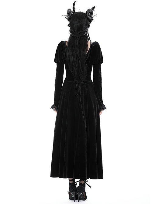 Black Velvet High Low Lace Hem With Ruffled Round Neck Gothic Style Long Sleeved Dress
