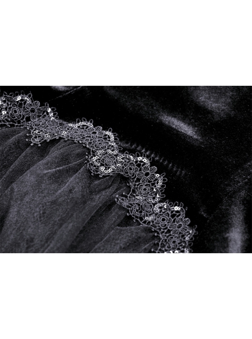 Black Velvet High Low Lace Hem With Ruffled Round Neck Gothic Style Long  Sleeved Dress - Magic Wardrobes