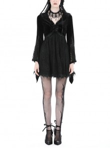 Black Velvet Rose Pattern Printed V Neck Tie Rope Gothic Wide Sleeved Dress