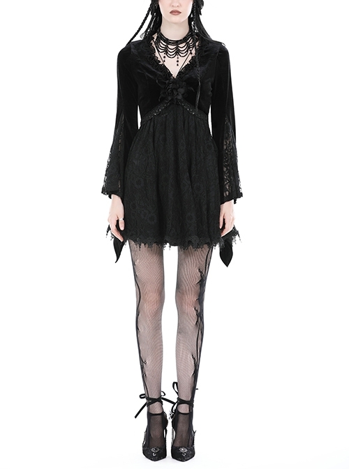 Black Velvet Rose Pattern Printed V Neck Tie Rope Gothic Wide Sleeved Dress