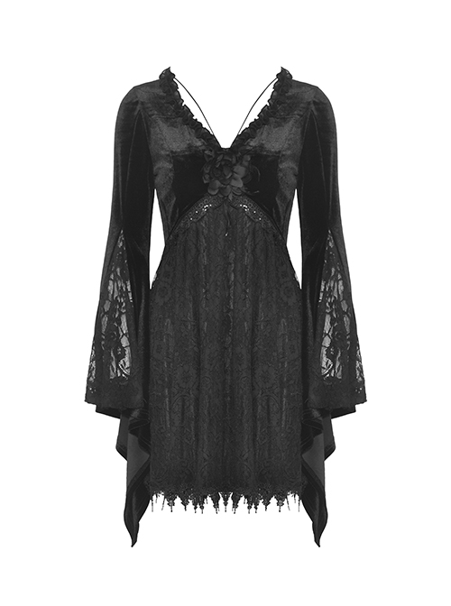 Black Velvet Rose Pattern Printed V Neck Tie Rope Gothic Wide Sleeved Dress
