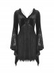 Black Velvet Rose Pattern Printed V Neck Tie Rope Gothic Wide Sleeved Dress