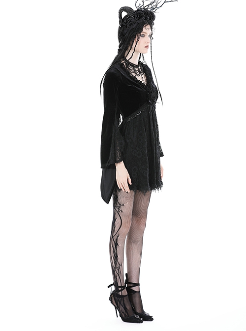 Black Velvet Rose Pattern Printed V Neck Tie Rope Gothic Wide Sleeved Dress