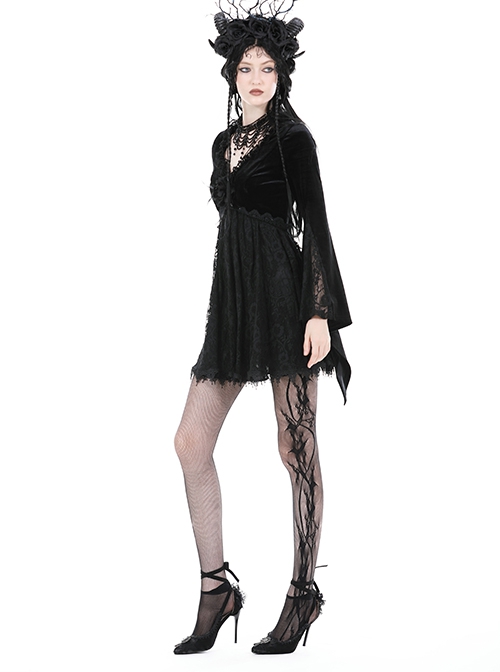 Black Velvet Rose Pattern Printed V Neck Tie Rope Gothic Wide Sleeved Dress