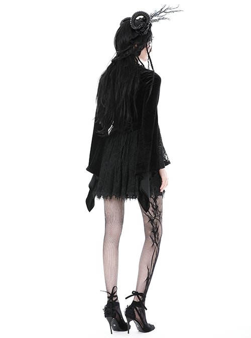 Black Velvet Rose Pattern Printed V Neck Tie Rope Gothic Wide Sleeved Dress