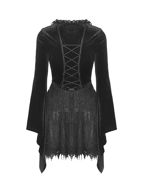 Black Velvet Rose Pattern Printed V Neck Tie Rope Gothic Wide Sleeved Dress