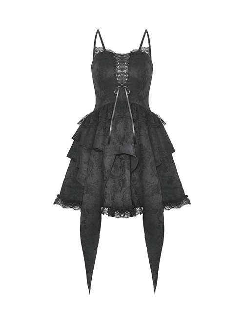 Sexy Black Velvet Patchwork Lace Print V Neck String Back Gothic Long Sleeved Dress