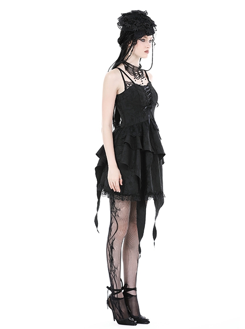 Sexy Black Velvet Patchwork Lace Print V Neck String Back Gothic Long Sleeved Dress