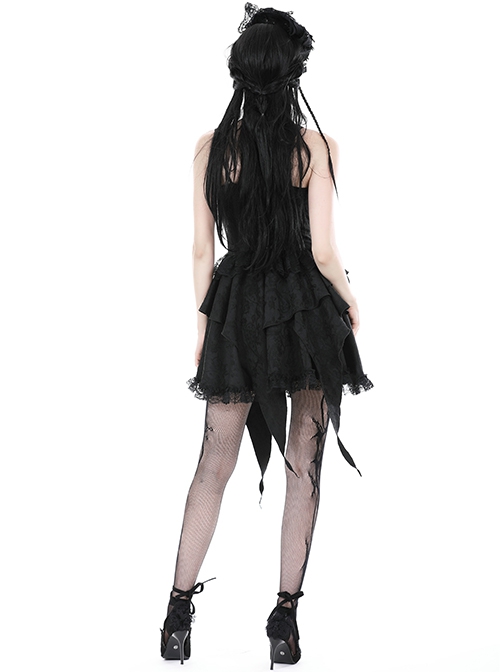 Sexy Black Velvet Patchwork Lace Print V Neck String Back Gothic Long Sleeved Dress