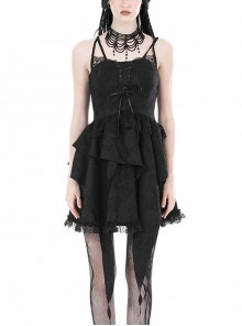 Sexy Black Woven Patchwork Lace Ruffled Chest Criss Cross Straps And Gothic Style Strapless Sleeveless Dress