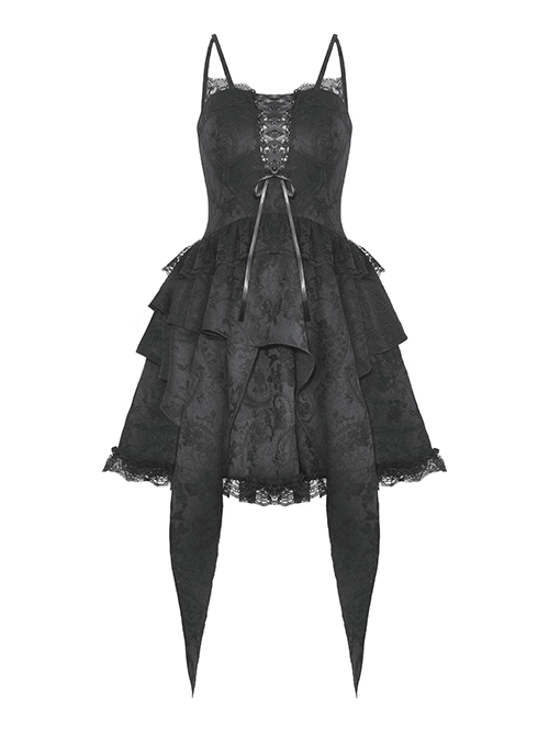 Sexy Black Woven Patchwork Lace Ruffled Chest Criss Cross Straps And Gothic Style Strapless Sleeveless Dress